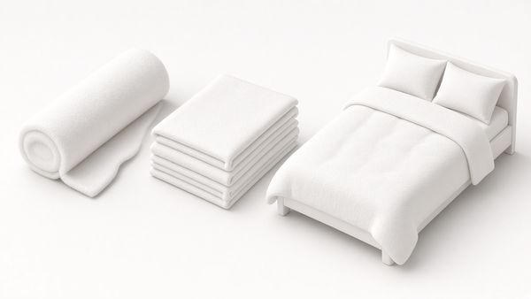 Illustration of a roll of white cotton fabric, folded sheets and a made bed with duvet and pillows