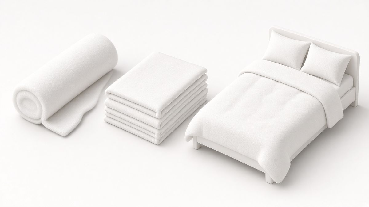 Illustration of a roll of white cotton fabric, folded sheets and a made bed with duvet and pillows