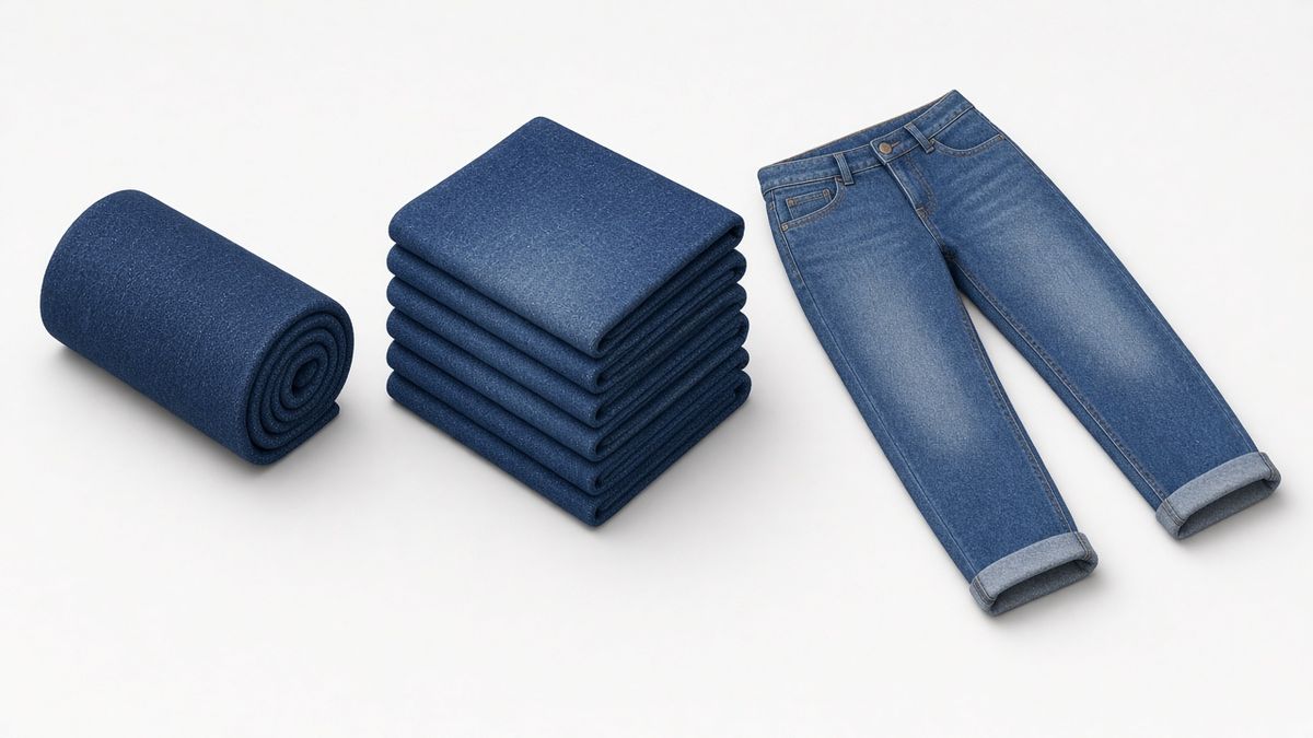 Illustration of a roll of indigo denim fabric, folded denim and a finished pair of blue jeans