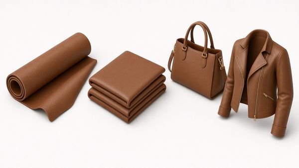 Illustration of a roll of brown faux leather, folded sheets, a handbag and a biker-style jacket
