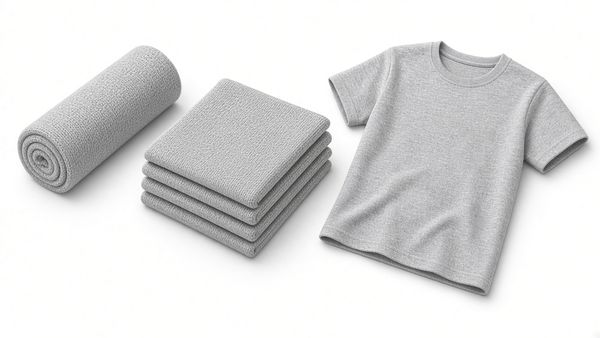 Illustration of a roll of grey jersey fabric, folded knit cloth and a finished crew-neck T-shirt
