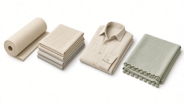 Illustration of a roll of natural linen-look fabric, folded cloth, a linen-style shirt and a fringed throw