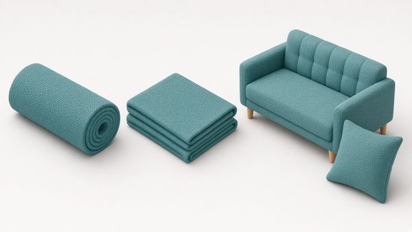 Illustration of a roll of teal upholstery fabric, folded cloth, a two-seat sofa and a matching cushion