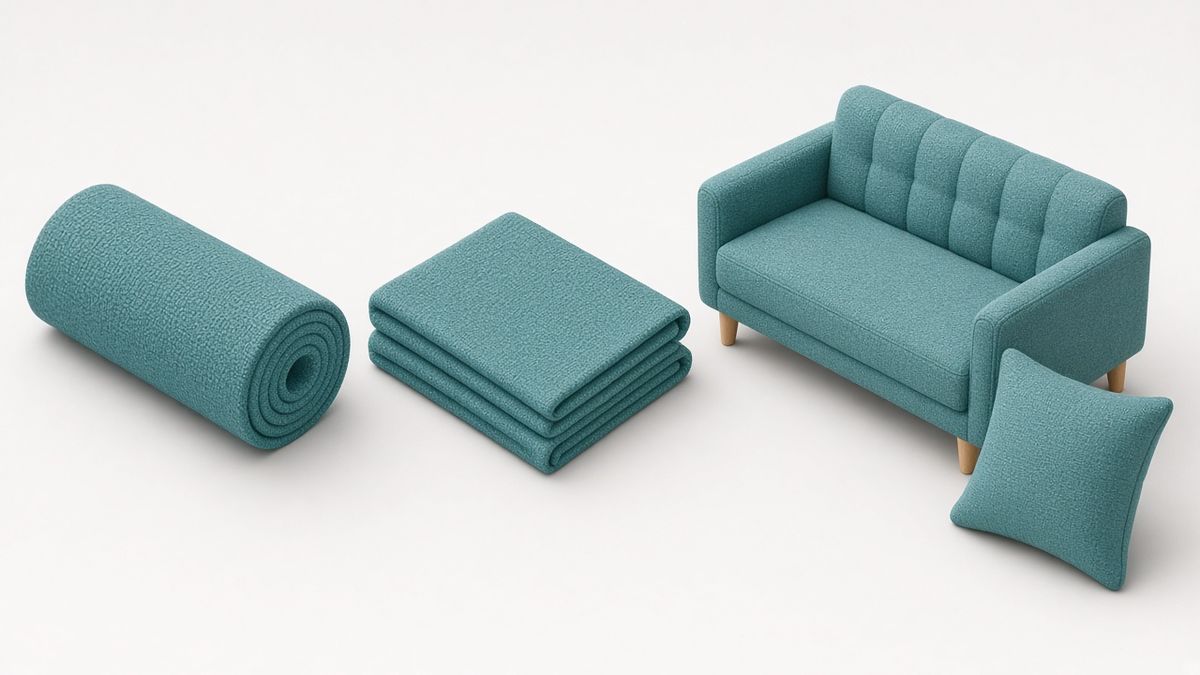 Illustration of a roll of teal upholstery fabric, folded cloth, a two-seat sofa and a matching cushion