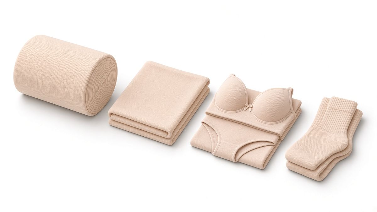 Illustration of a roll of beige knit fabric, folded knit cloth, a bra and briefs set and a stack of socks