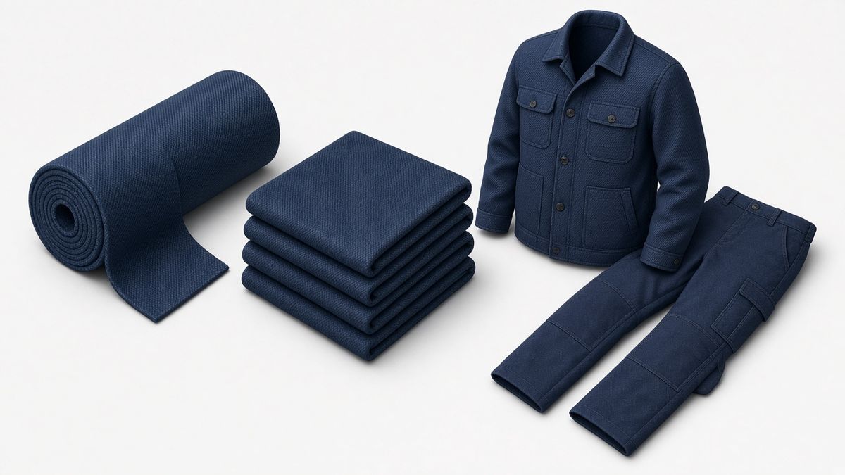 Illustration of a roll of navy fabric, folded heavy cloth, a work jacket and cargo trousers
