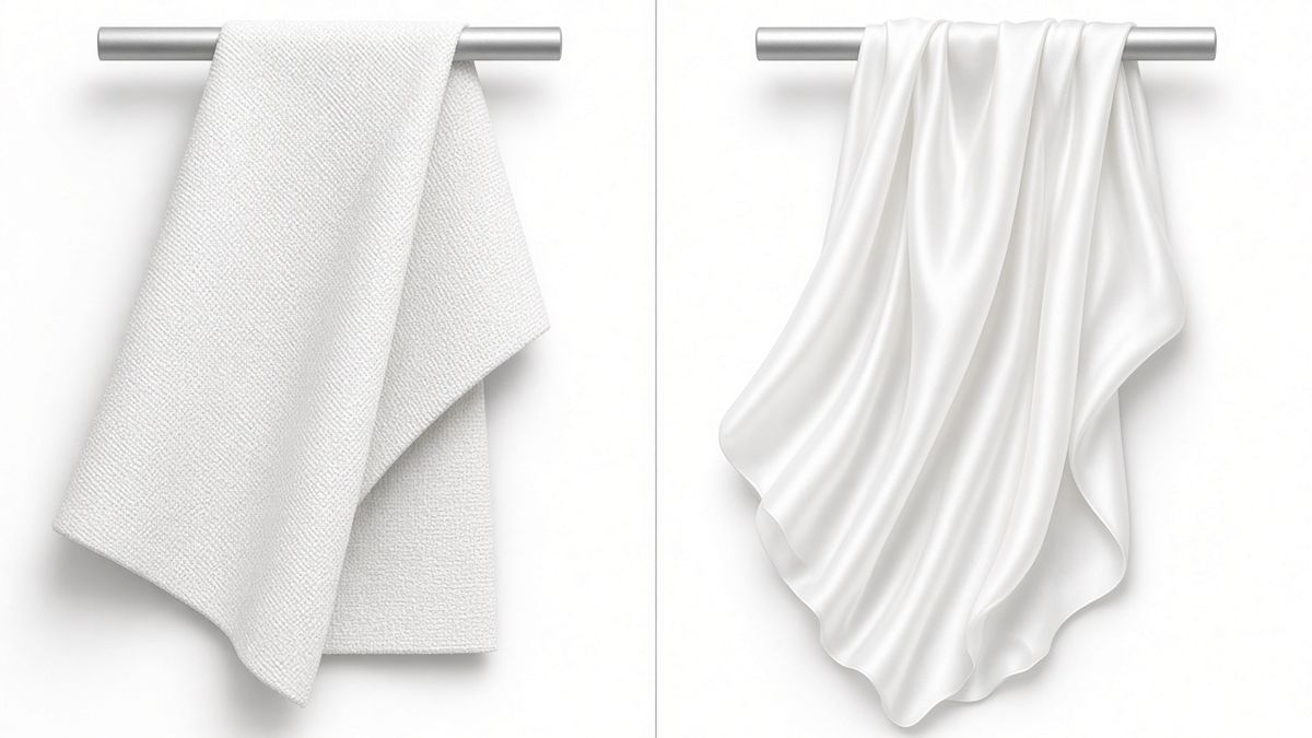 Before and after alkali reduction: coarse, stiff white fabric with sharp folds on the left, smooth soft fabric with a silky sheen and deep drape on the right