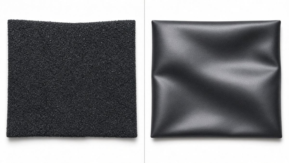 Before and after calendering: rough, matte black fabric on the left, smooth supple black fabric with a soft sheen on the right