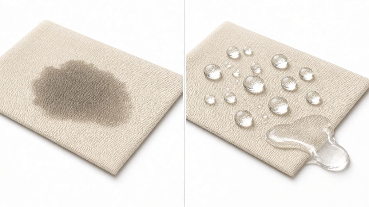 Before and after coating: water soaking into plain fabric on the left, water beading on coated fabric on the right