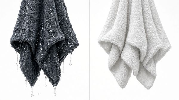 Before and after drying: heavy, wet, dripping fabric on the left, light and fluffy dry fabric on the right