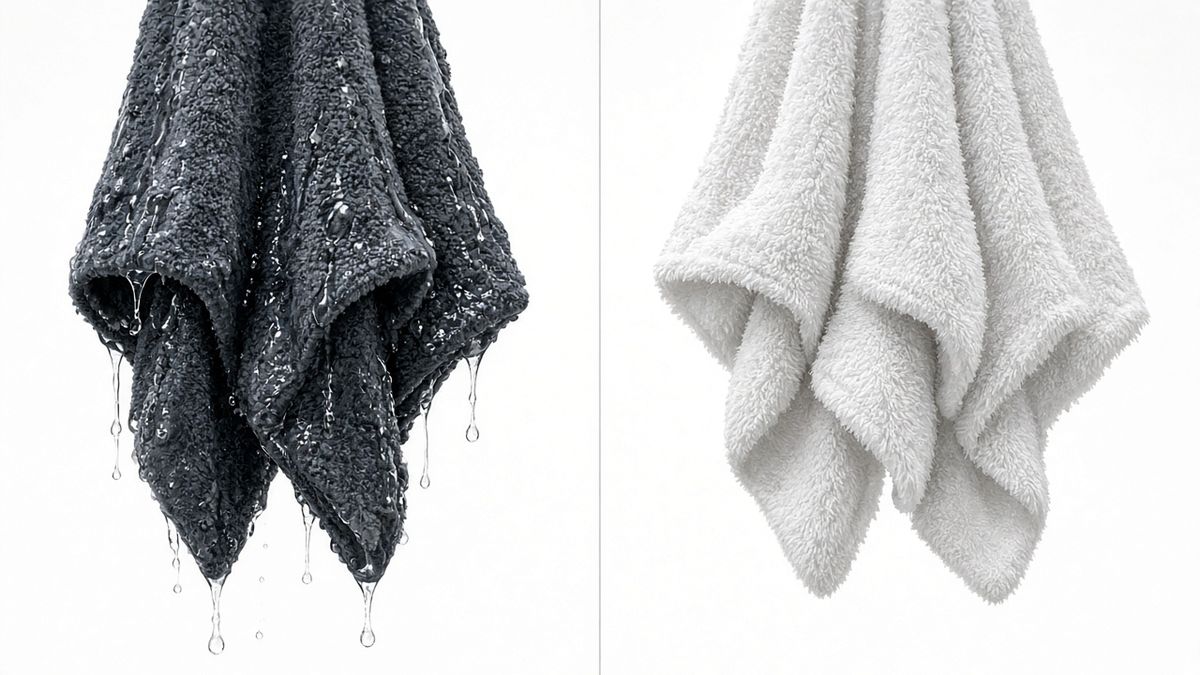 Before and after drying: heavy, wet, dripping fabric on the left, light and fluffy dry fabric on the right