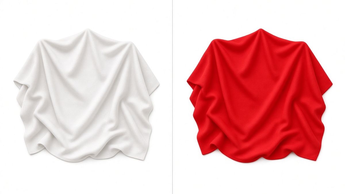 Before and after dyeing: undyed white fabric on the left, the same fabric dyed one even red on the right