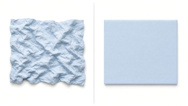 Before and after setting: creased light blue fabric on the left, the same fabric flat and smooth on the right