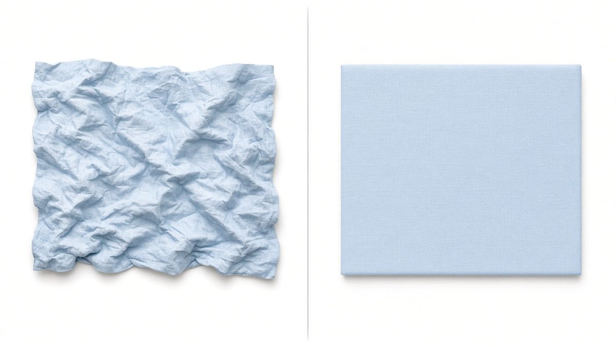 Before and after setting: creased light blue fabric on the left, the same fabric flat and smooth on the right