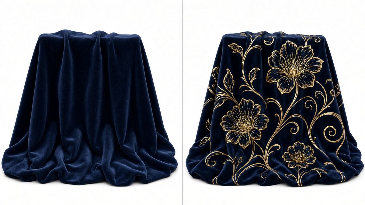 Before and after hot stamping: plain navy fabric on the left, the same fabric with a gold foil pattern on the right