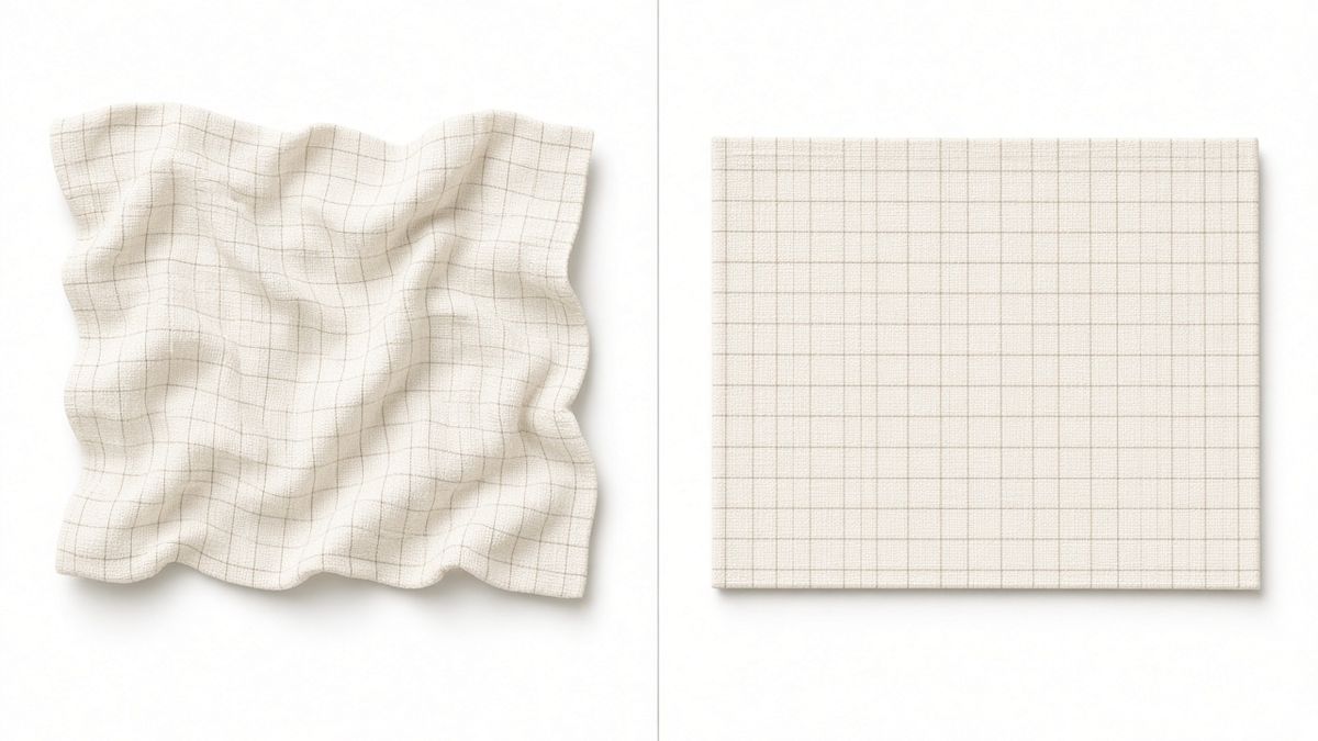 Before and after pre-shrinking: crumpled check fabric with wavy edges on the left, the same fabric flat with straight edges and straight check lines on the right