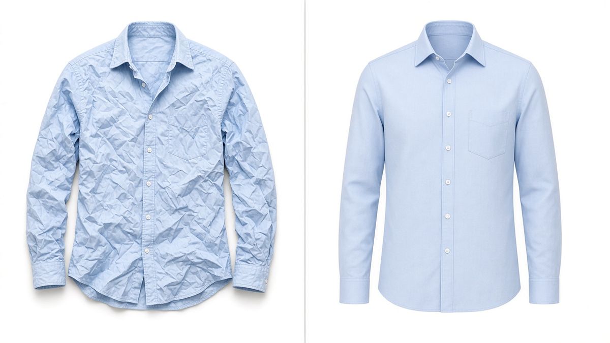 Before and after resin finishing: a badly creased light blue shirt on the left, the same shirt smooth and crisp on the right