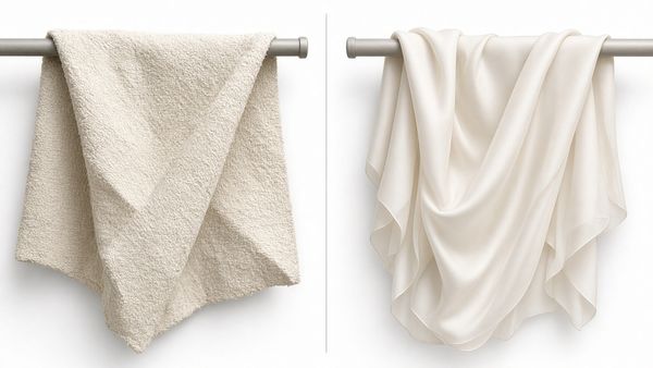 Before and after softening: stiff fabric with sharp folds on the left, soft fabric with a fluid drape on the right