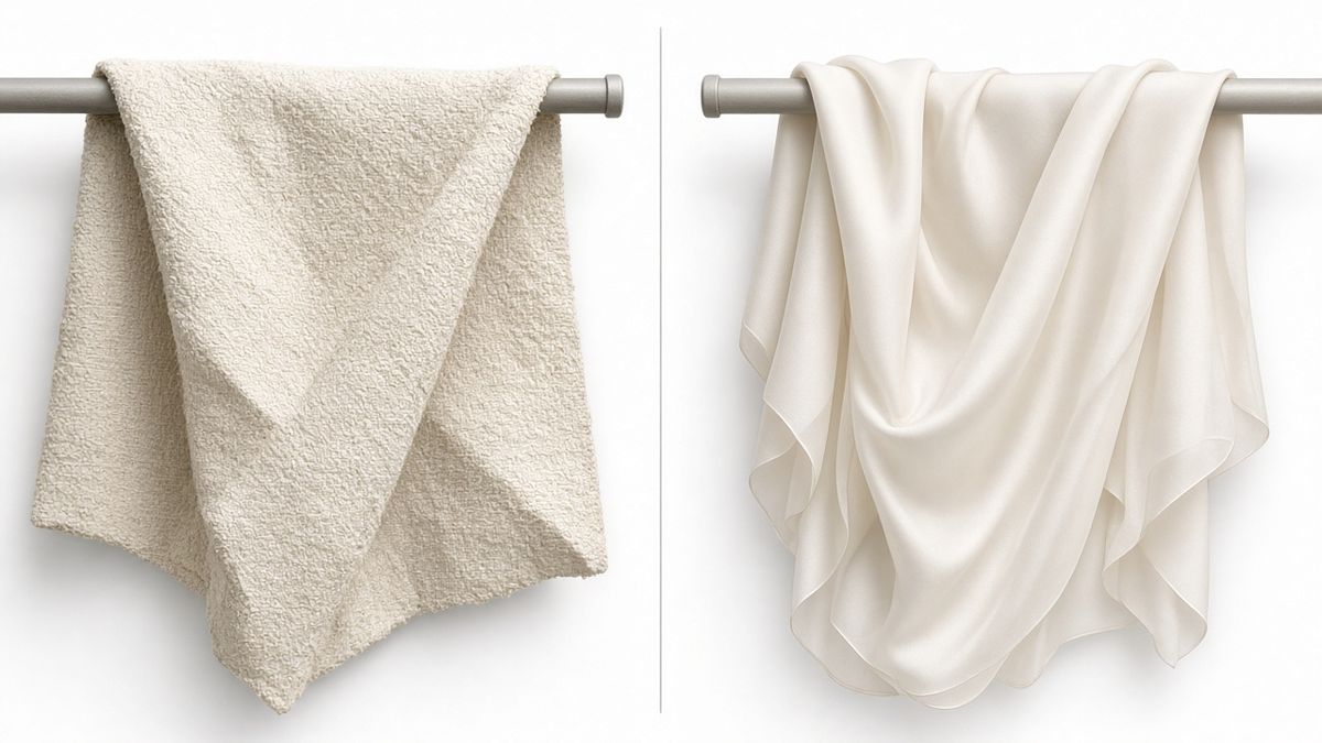 Before and after softening: stiff fabric with sharp folds on the left, soft fabric with a fluid drape on the right