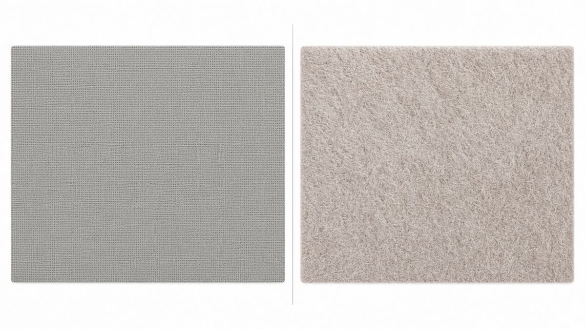 Before and after sueding: flat woven fabric with visible yarns on the left, soft fabric covered with a fine raised nap on the right