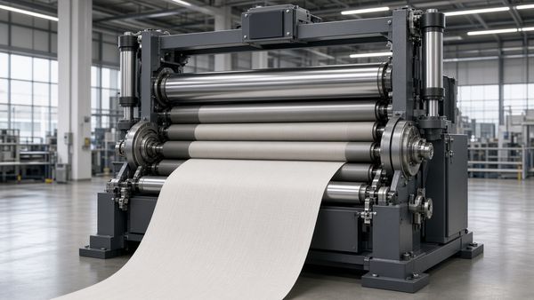 3D rendering of a fabric calender: stacked rollers with a polished steel top roll, pressure cylinders and fabric passing through the nip