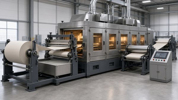 3D rendering of a fabric coating line: unwinding stand, enclosed oven with viewing windows and exhaust ducts, and a control console