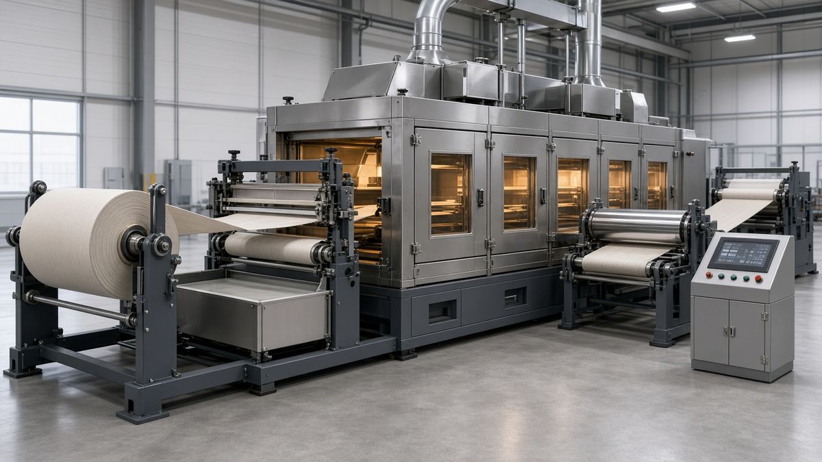 3D rendering of a fabric coating line: unwinding stand, enclosed oven with viewing windows and exhaust ducts, and a control console
