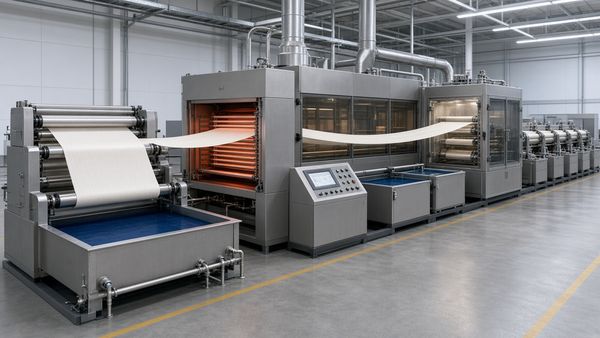 3D rendering of a continuous dyeing range: fabric feed, padding trough, heated chambers with exhaust ducts and a control console
