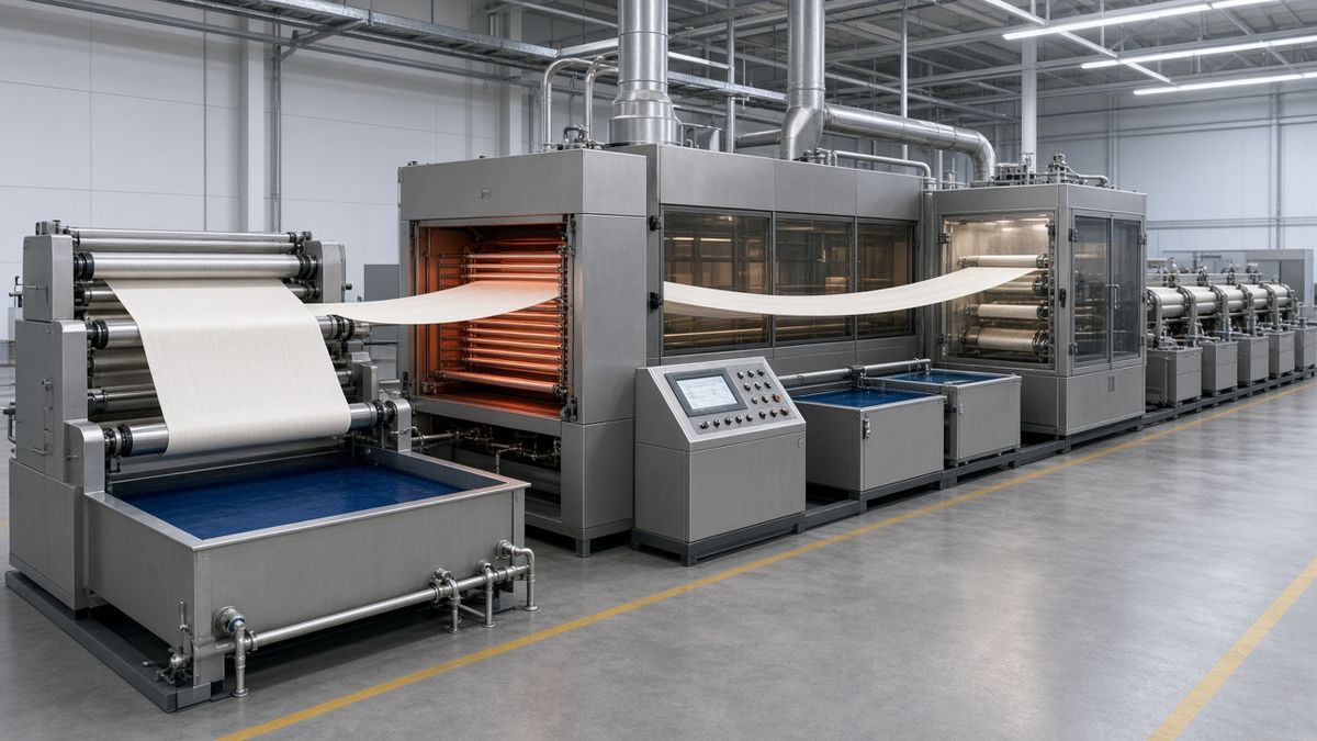 3D rendering of a continuous dyeing range: fabric feed, padding trough, heated chambers with exhaust ducts and a control console