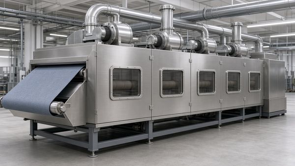 3D rendering of a multi-section fabric drying machine with inspection windows, blowers and exhaust ducting