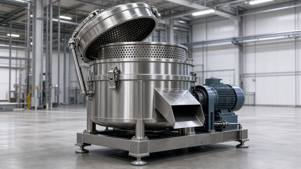 3D rendering of a hydro-extractor: stainless steel centrifugal basket with a perforated drum, open lid and drive motor
