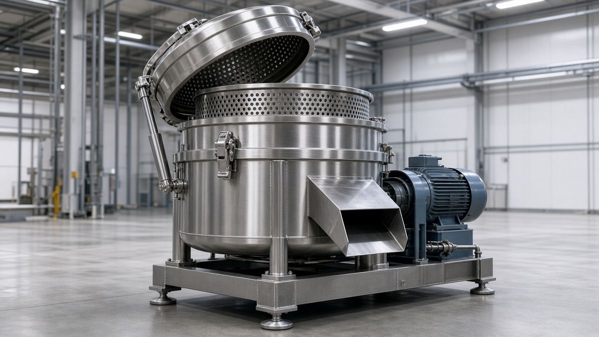 3D rendering of a hydro-extractor: stainless steel centrifugal basket with a perforated drum, open lid and drive motor