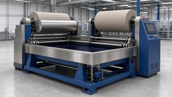 3D rendering of a jigger dyeing machine: two fabric rolls above a stainless steel dye trough, guide rollers and a control cabinet