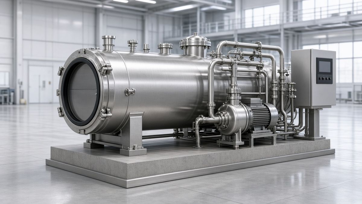3D rendering of a horizontal overflow dyeing machine: stainless steel pressure vessel with a round hinged door, circulation pump and control cabinet