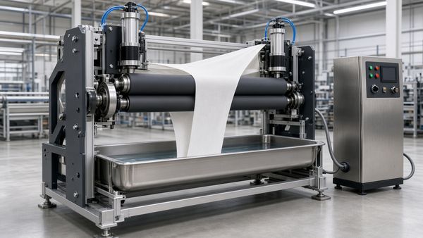 3D rendering of a padding mangle: fabric dipping into a stainless steel trough and passing between two squeeze rollers with pressure cylinders, plus a control cabinet