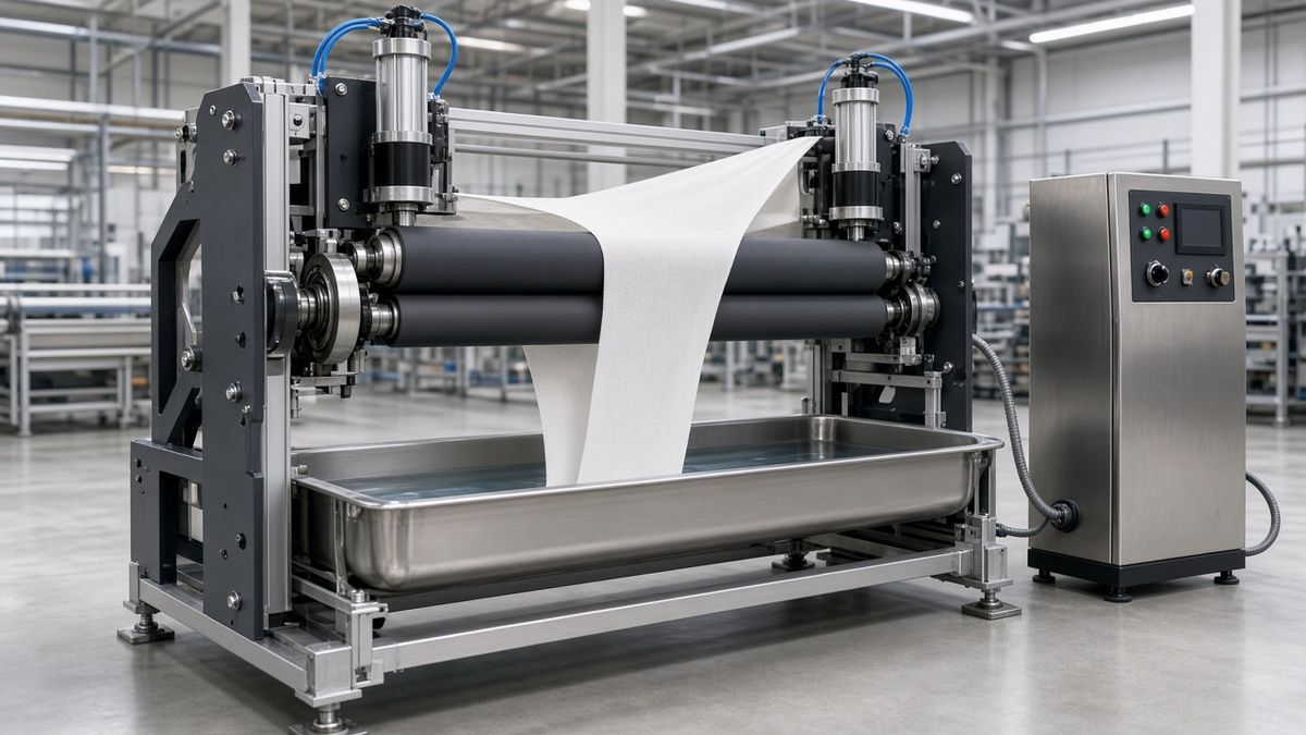 3D rendering of a padding mangle: fabric dipping into a stainless steel trough and passing between two squeeze rollers with pressure cylinders, plus a control cabinet