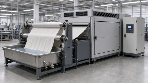 3D rendering of a padding unit for softening and starching: chemical trough, rollers, drying cabinet and control cabinet