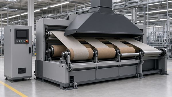 3D rendering of a sueding machine: emery-covered rollers, fabric webs, a dust extraction hood and a control console