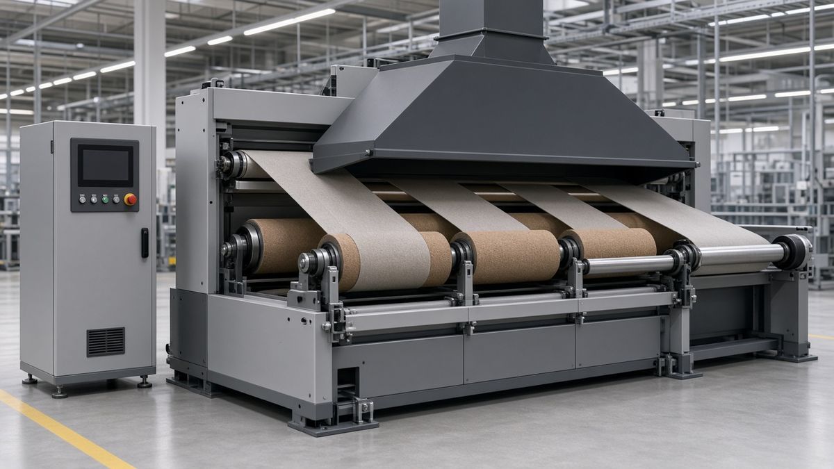 3D rendering of a sueding machine: emery-covered rollers, fabric webs, a dust extraction hood and a control console